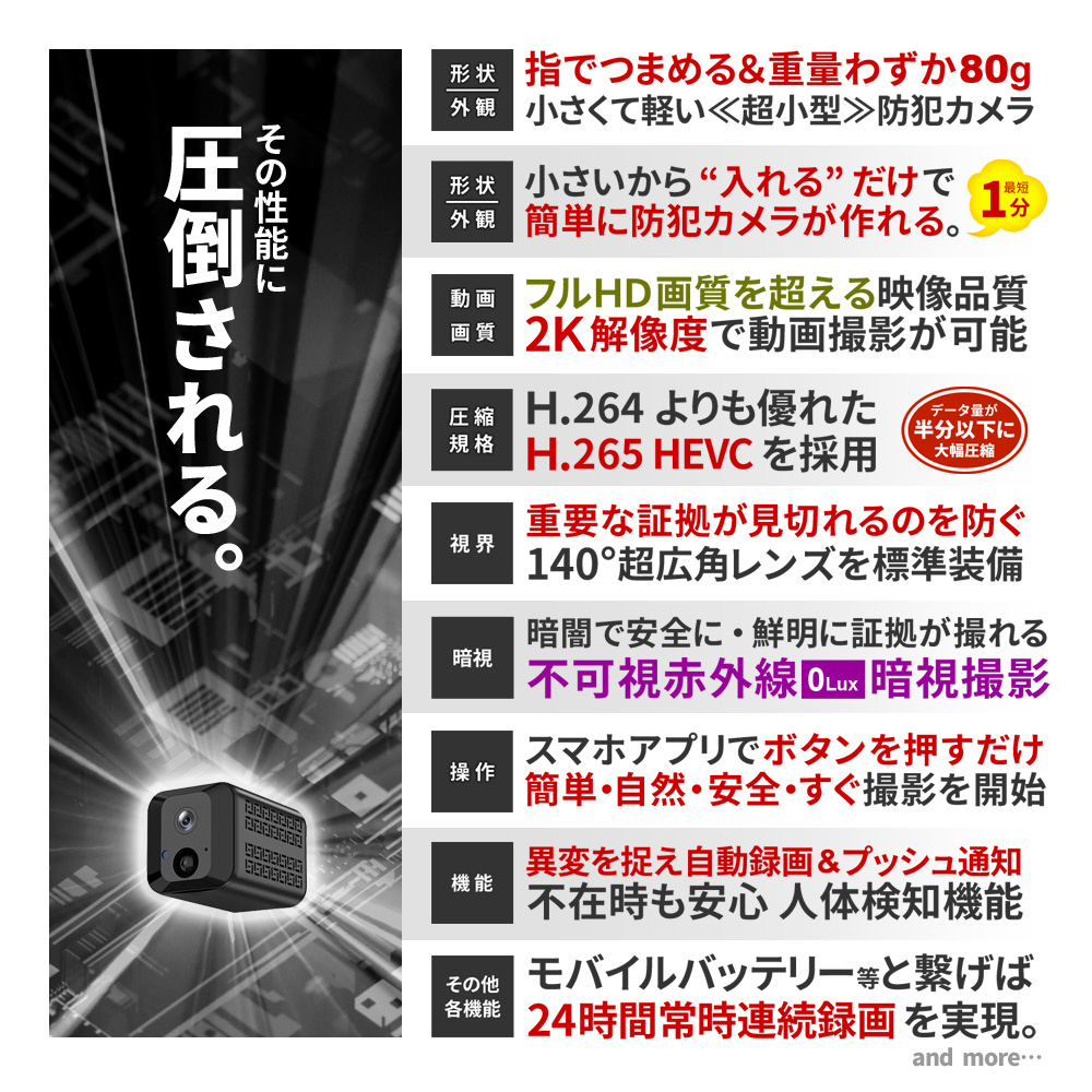 防犯カムカム [mc-mc208] [超小型] 2K 動画撮影 超広角レンズ スマホ
