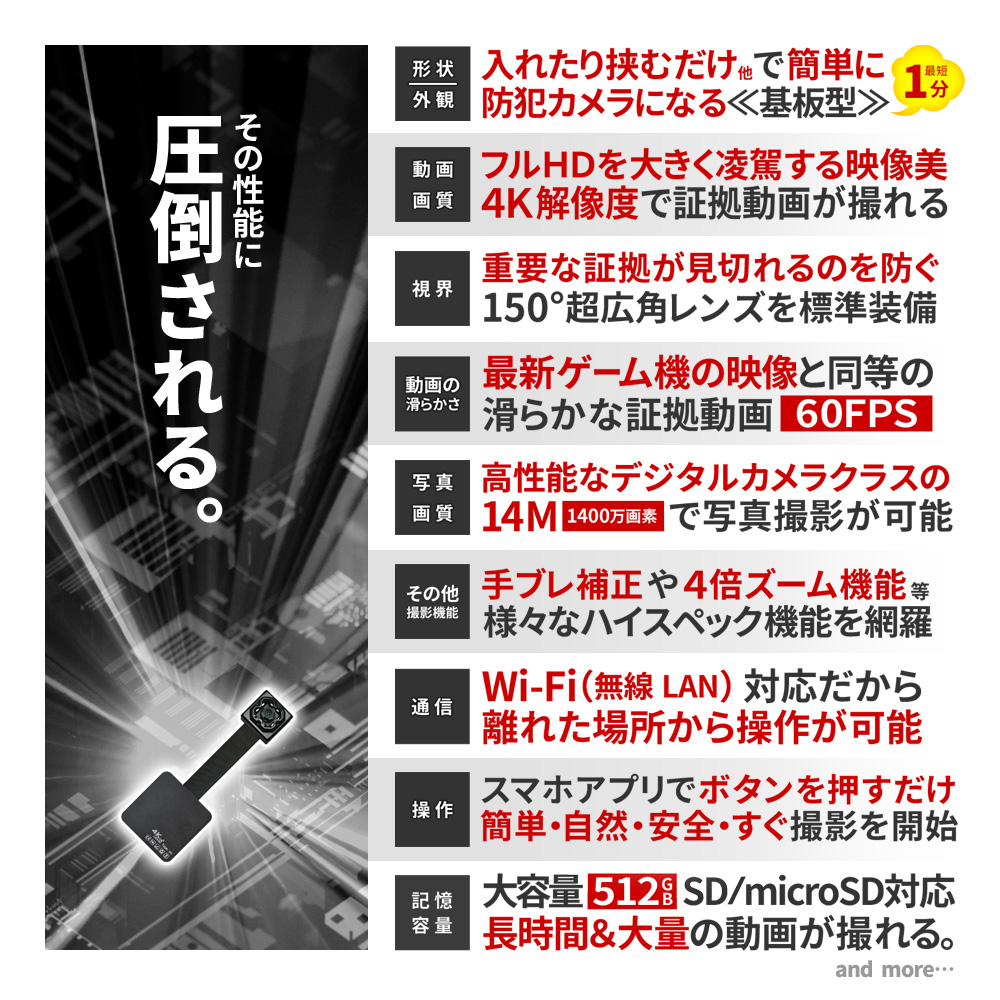 防犯カムカム [mc-ut034][基板型] 4K 超広角 60FPS 手ブレ補正撮影