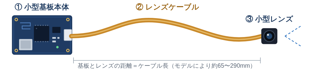 小型基板本体とレンズがケーブルでつながった基板型カメラの構造図